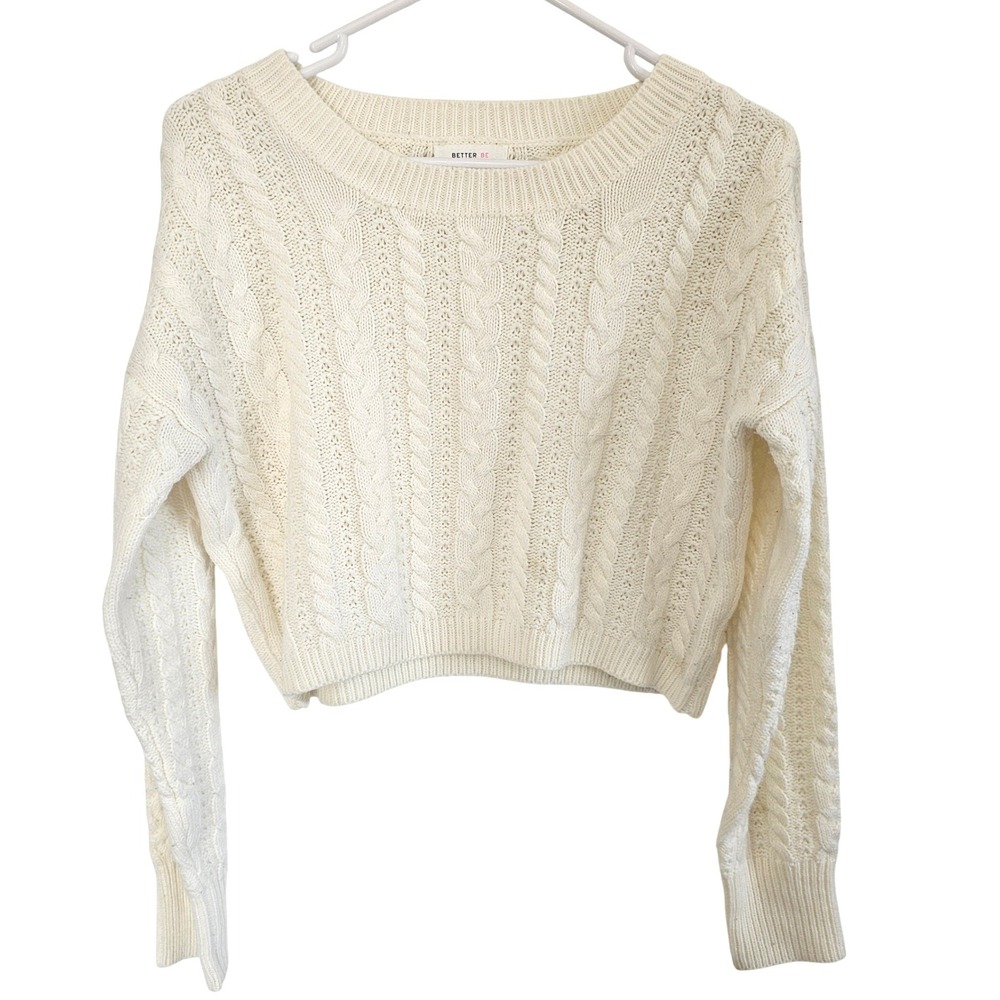 Better Be Womens Cropped Cable Knit Sweater‎ Cream Off White Size S Long Sleeve